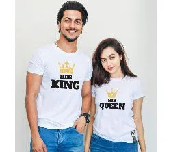 Love & Queen Half Sleeve White T Shirt For Couple  FF5