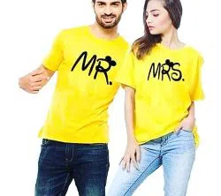 Mr & Mrs Half Sleeve Yellow T Shirt For Couple FF7