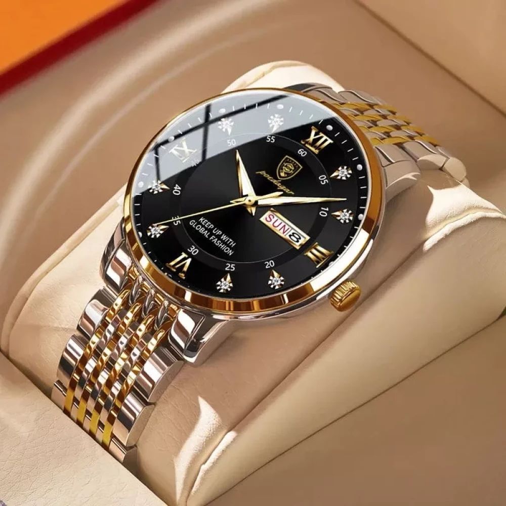 POEDAGAR Men Watch Fashion Luxury Stainless Stain Business Quartz Watches Waterproof Luminous Week Date Mens Wristwatch