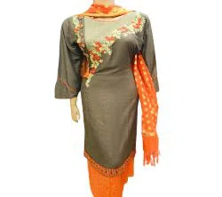 readymade Embroidery Lilen Three Piece With Screen Print