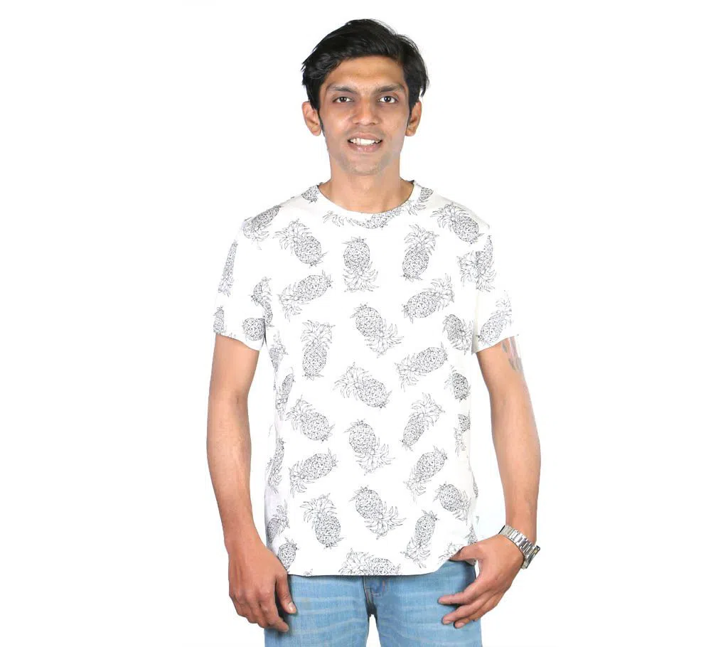 Pineapple Print Half Sleeve Cotton T-shirt for Men - White 