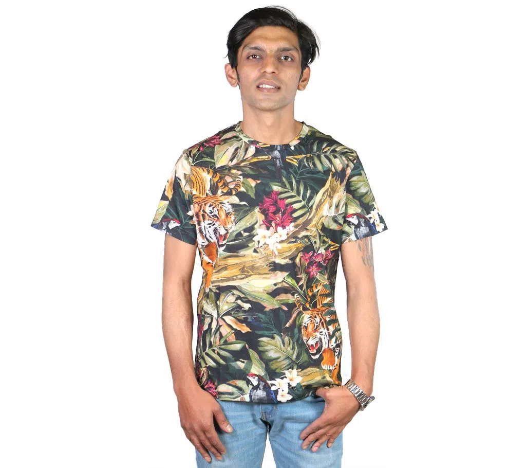 Tiger Print Half Sleeve Cotton T-shirt for Men - Multicolor