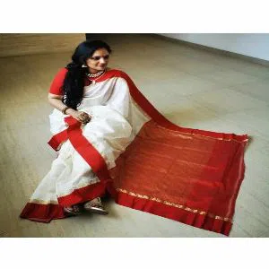Indian Silk Katan Sharee Without Running Blouse Piece For Women -red and White 