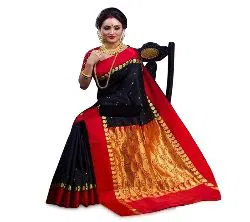 Indian Silk Katan Sharee Without Running Blouse Piece For Women-Black and red 