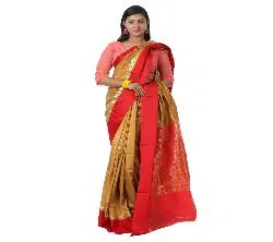Indian Silk Katan Sharee Without Running Blouse Piece For Women-Golden and red 