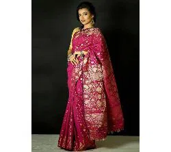 Jamdani Half Silk 12 Haat Sharee Without Blouse Piece For Womens -magenta 
