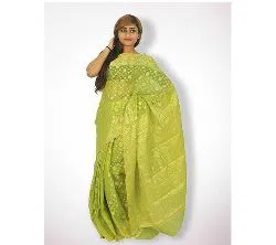 Jamdani Half Silk 12 Haat Sharee Without Blouse Piece For Womens -Green 