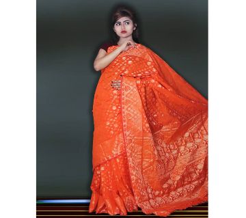 Jamdani Half Silk 12 Haat Sharee Without Blouse Piece For Womens -Orange 