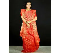 Jamdani Half Silk 12 Haat Sharee Without Blouse Piece For Womens-Orange 