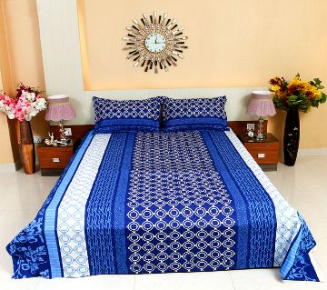 Digital Home Tex Cotton Fabric 7.5 By 8.5 Feet Multicolor King Size Bedsheet With Two Pillow Covers-Blue 