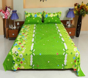 Digital Home Tex Cotton Fabric 7.5 By 8.5 Feet Multicolor King Size Bedsheet With Two Pillow Covers-Green 