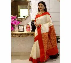 Indian Silk Katan Sharee Without Running Blouse Piece For Women -White and red 