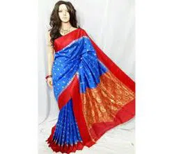 Indian Silk Katan Sharee Without Running Blouse Piece For Women -blue and red