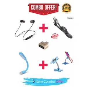 5-In-1 Combo Offer of Sports Bluetooth Headphone + Remax USB Data Cable + USB Light + Mobile stand Cell Phone + Remax OTG converter