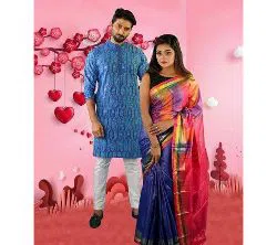  Punjabi with Half Silk Saree  Valentine Combo - Couple Set-sky blue and red 