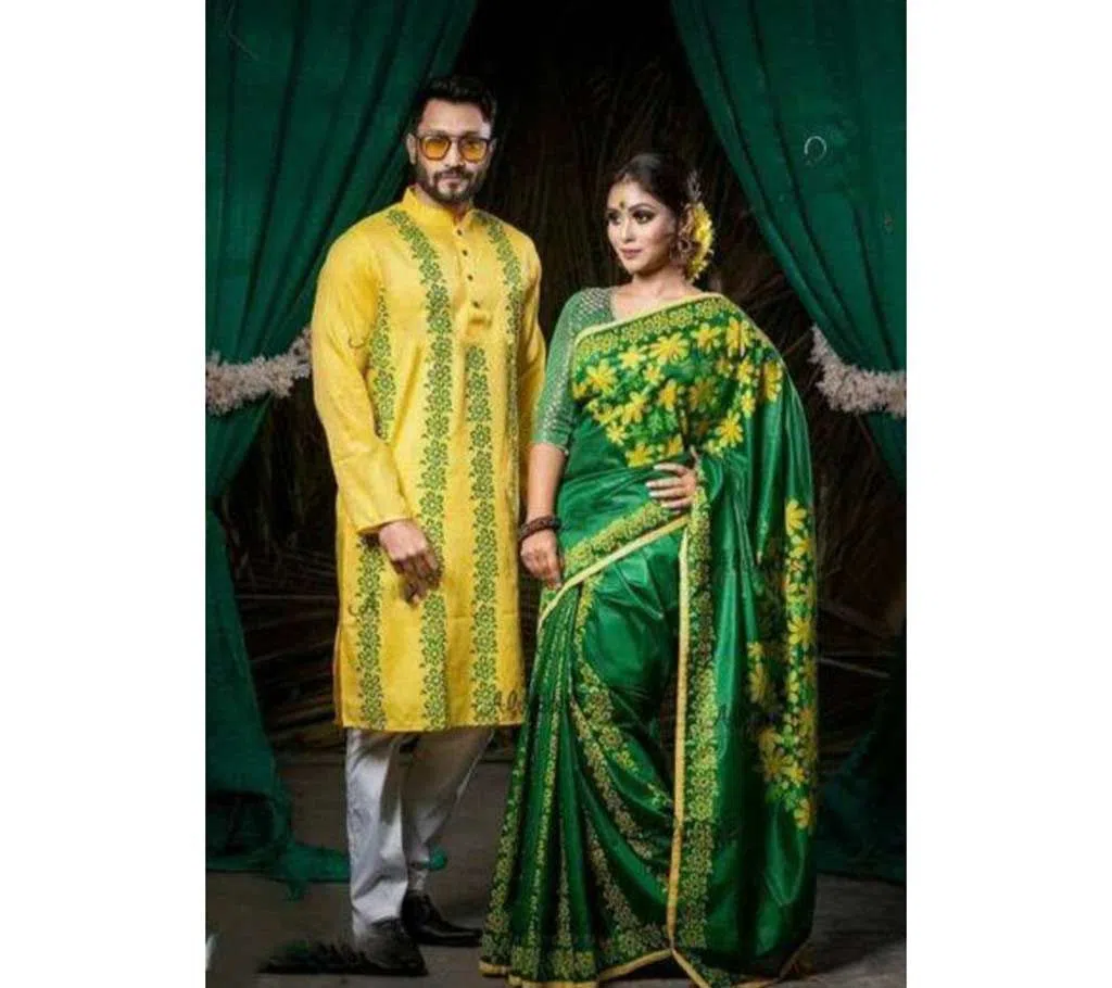  Punjabi with Half Silk Saree  Valentine Combo - Couple Set-yellow and green 
