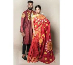 Punjabi with Half Silk Saree Valentine Combo - Couple Set-red 