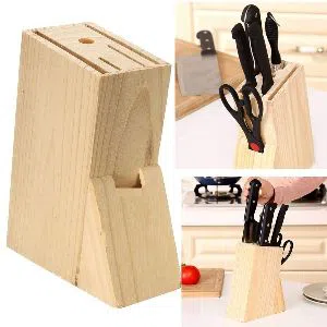 Wood Knife Holder Block Scissor Slot Storage Rack - Burly Wood