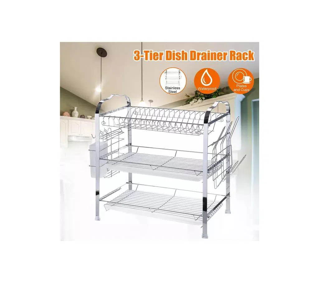 3 Tiers Stainless Steel Multifunction Kitchen Storage Chrome Dish Drainer Cutlery Cup Holder Rack Drip Tray Organizer