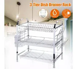 3 Tiers Stainless Steel Multifunction Kitchen Storage Chrome Dish Drainer Cutlery Cup Holder Rack Drip Tray Organizer