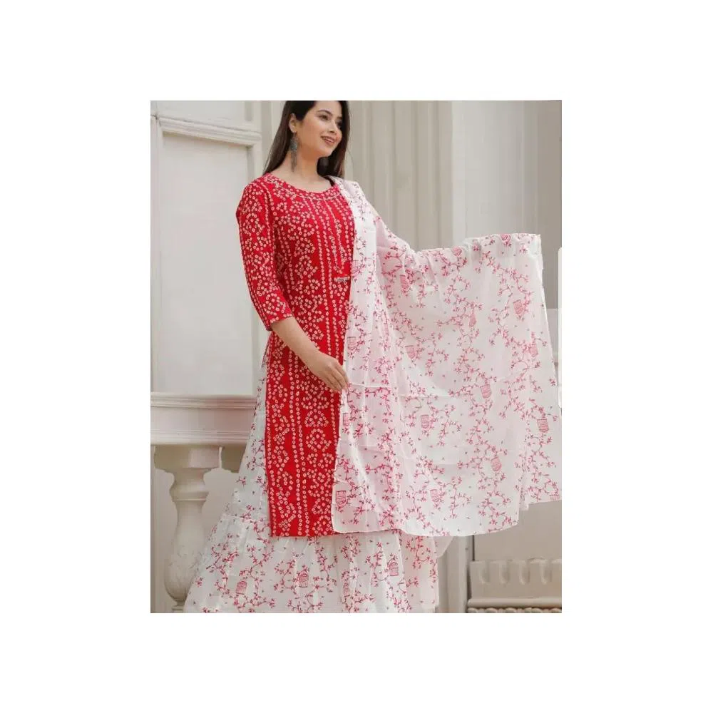 Unstitched Block Printed Cotton Salwar Kameez - Red