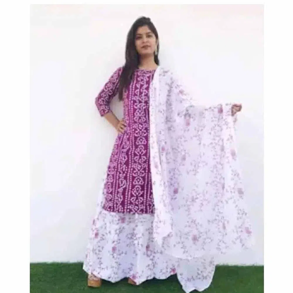 Unstitched Block Printed Cotton Salwar Kameez - Purple