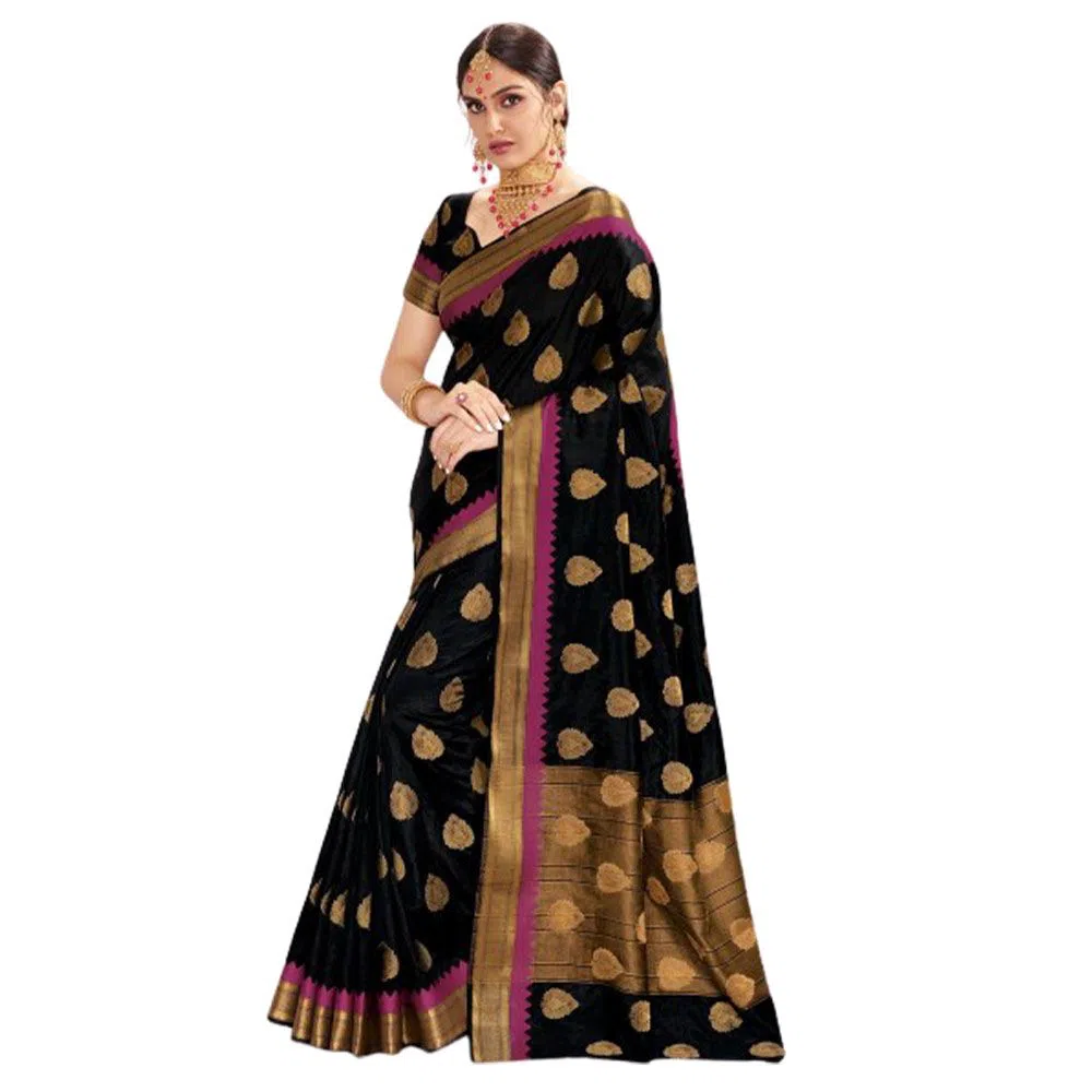 Rajguru Indian Silk Katan Sharee Without Running Blouse Piece For Womens By Sharee&Bedding.-Black 
