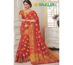 Rajguru Indian Silk Katan Sharee Without Running Blouse Piece For Womens By Sharee&Bedding.-Orange 