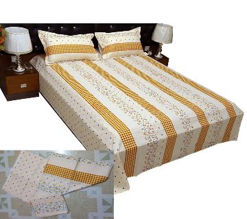 Digital Home Tex Cotton Fabric 7.5 x 8.5 Feet King Size Bedsheet With Two Pillow Covers - Off White & Yellow Color 