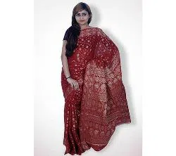 Jamdani Half Silk Sharee For Women without blouse piece-maroon 