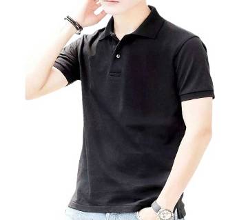 Black Cotton Polo T Shirt For-Black