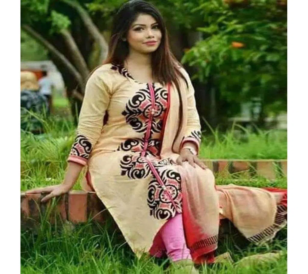Block Printed Cotton Salwar Kameez For Women-Cream Color 