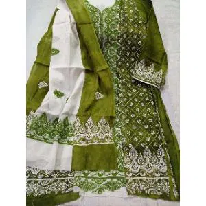 Handicraft cotton unstitched three piece  -Green