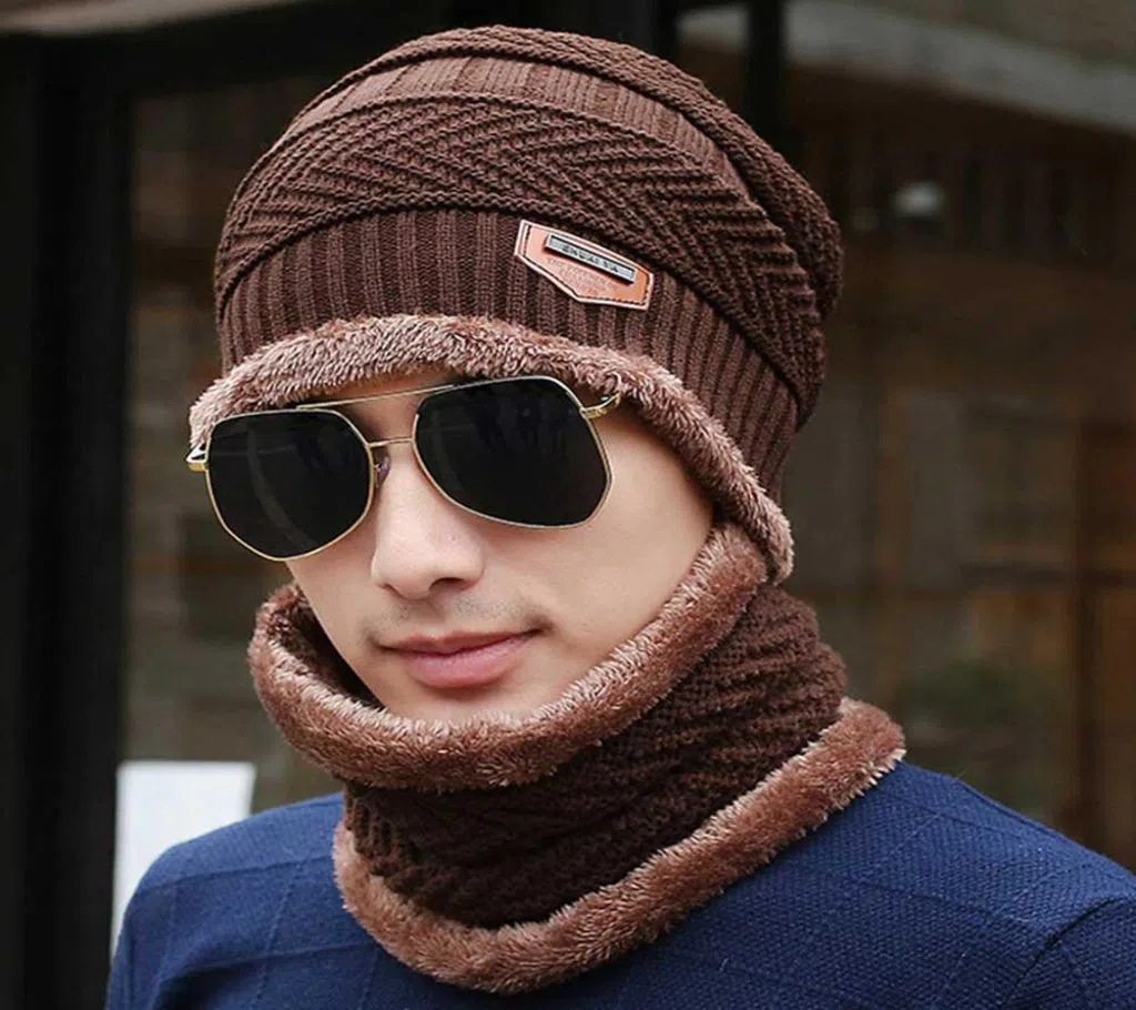 winter cap Neck warmer knitted hat scarf set fur Wool Lining Thick Warm Knit beanies balaclava Winter Hat