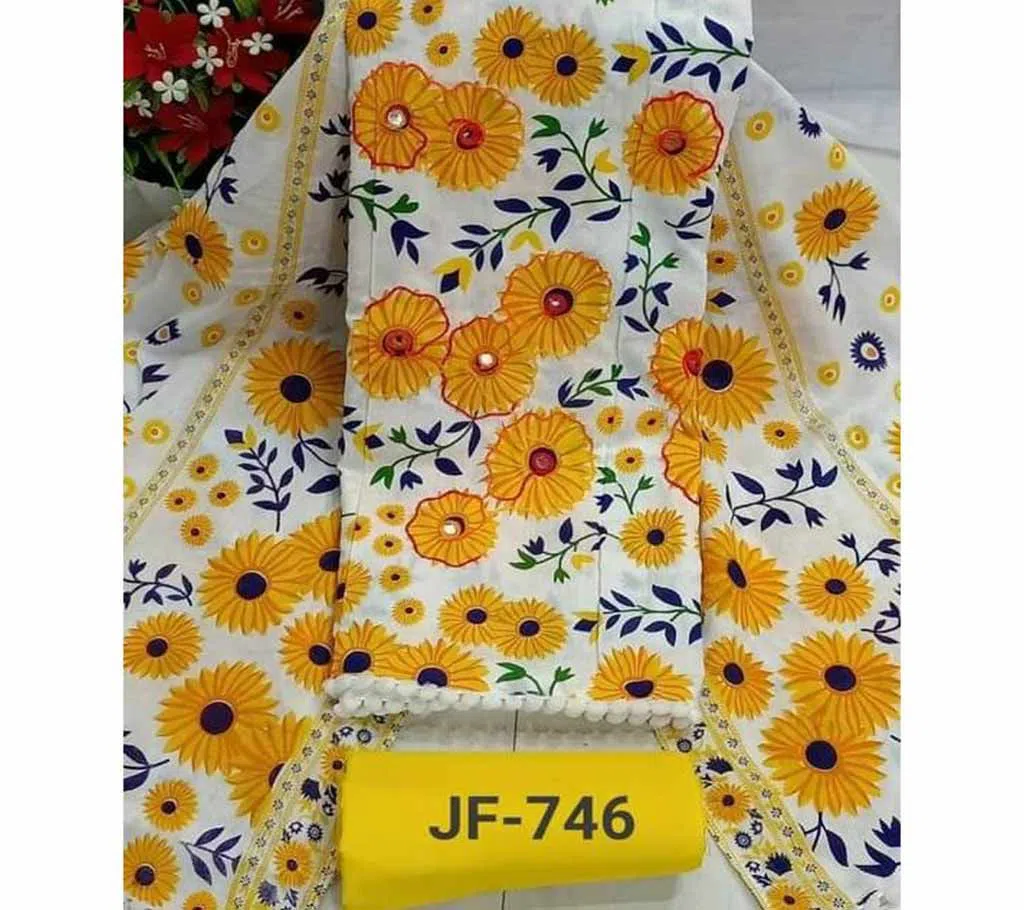 Unstitched Joypuri Cotton Skin Print (Dollar) Shalwar Kameez /Three Piece For Women - Yellow & White Color