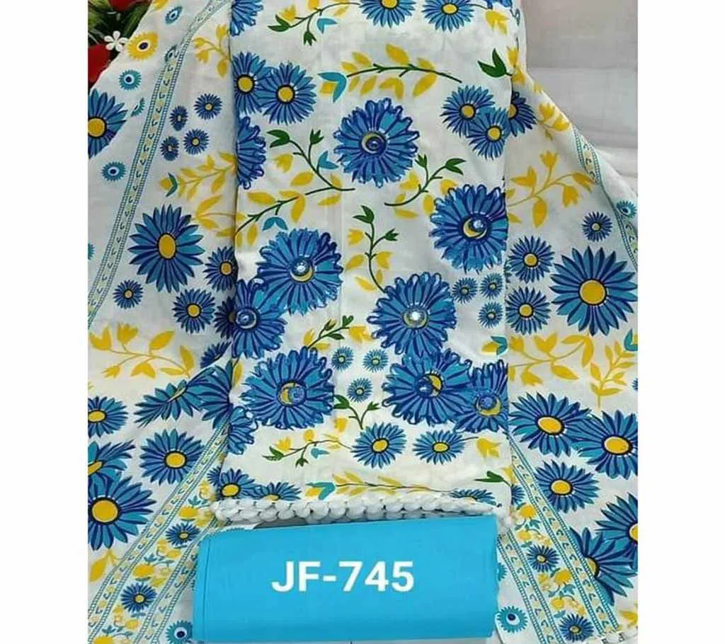 Unstitched Joypuri Cotton Skin Print (Dollar) Shalwar Kameez /Three Piece For Women - Sky Blue & White Color