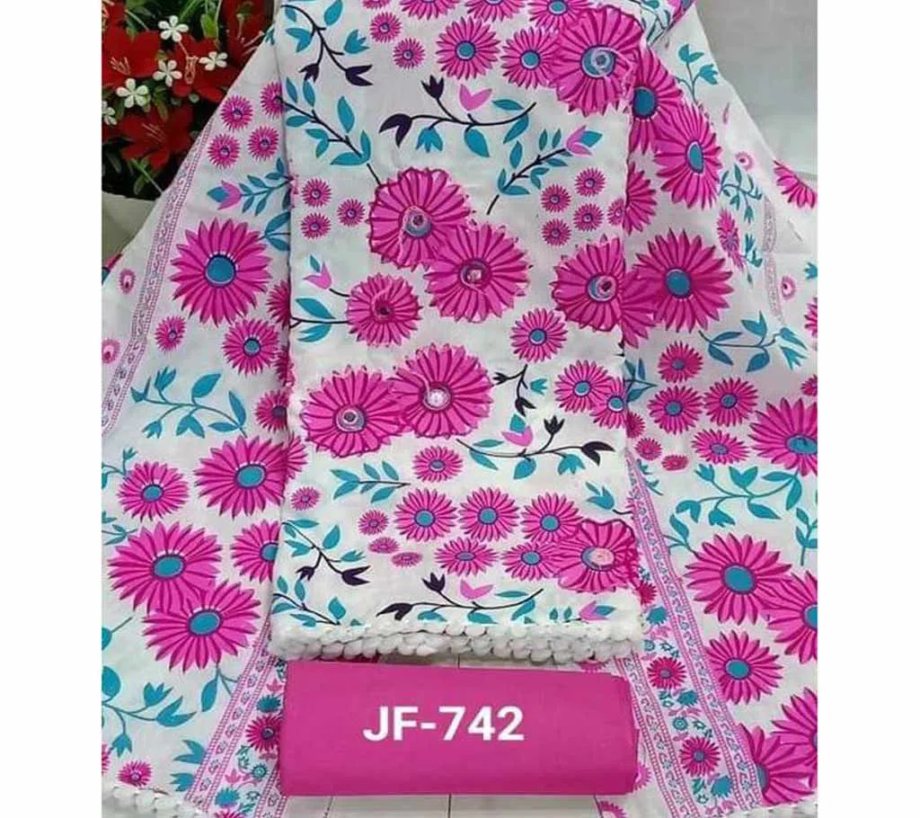 Unstitched Joypuri Cotton Skin Print (Dollar) Shalwar Kameez /Three Piece For Women - White & Pink Color