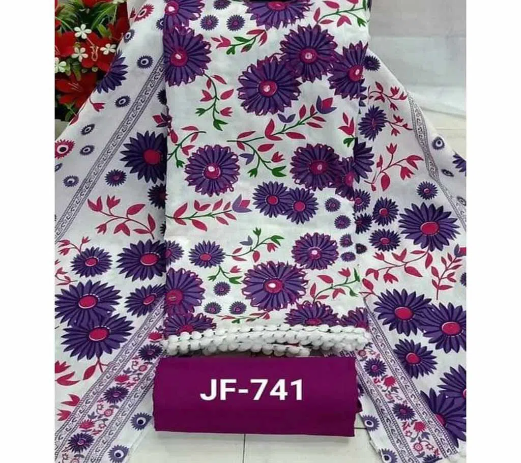 Unstitched Joypuri Cotton Skin Print (Dollar) Shalwar Kameez /Three Piece For Women - White & Purple Color