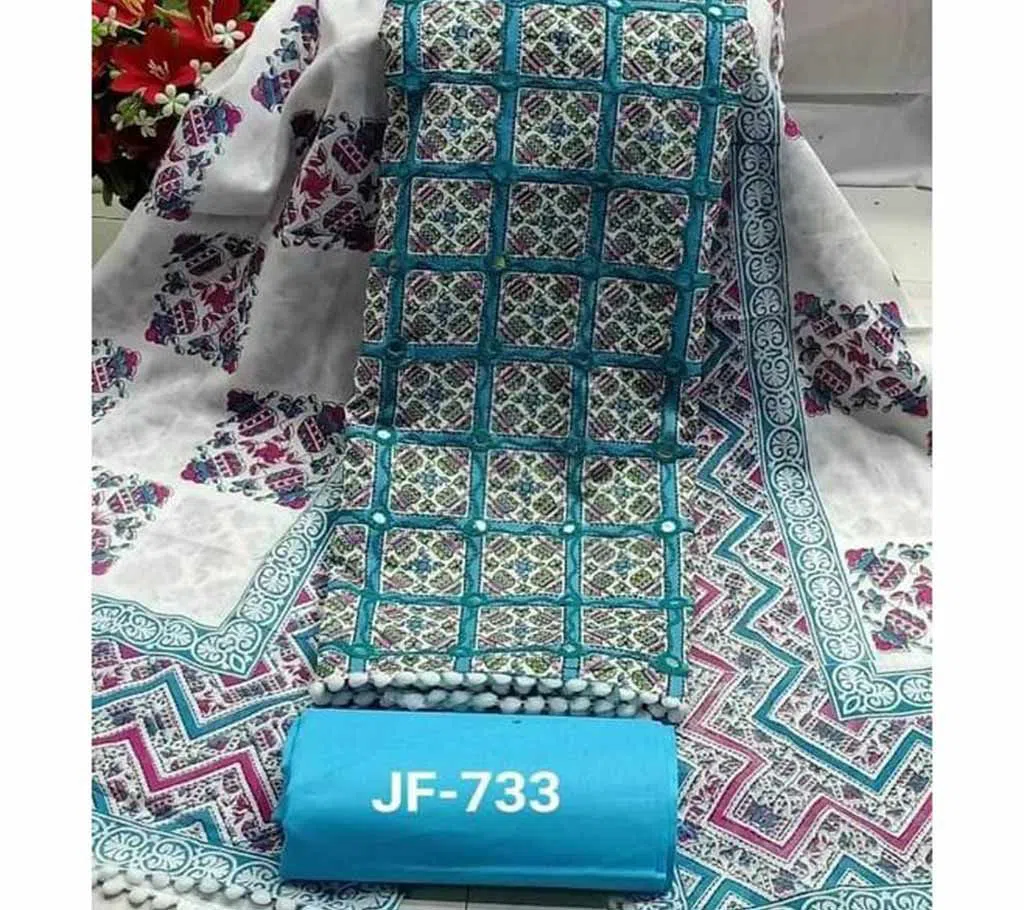 Unstitched Joypuri Cotton Skin Print (Dollar) Shalwar Kameez /Three Piece For Women - Sky Blue & Ash Color