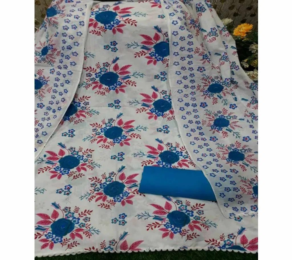 Unstitched Joypuri Cotton Skin Print (Dollar) Shalwar Kameez /Three Piece For Women - Blue & White Color