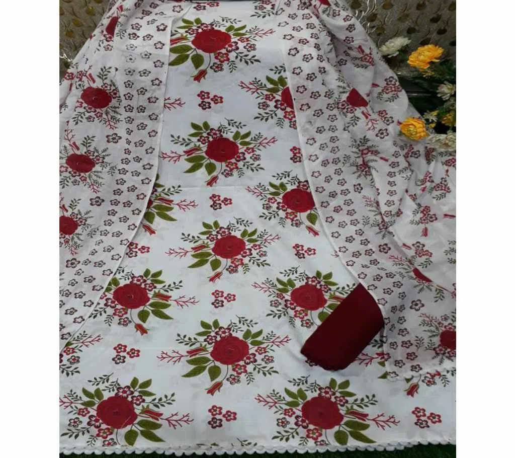Unstitched Joypuri Cotton Skin Print ( Dollar) Shalwar Kameez /Three Piece For Women - White & Red Color