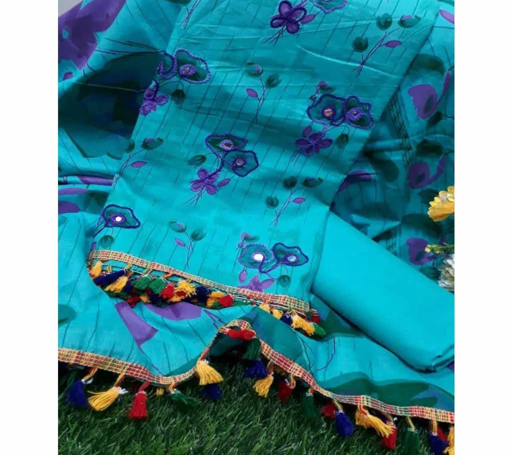 Unstitched Joypuri Cotton Skin Print ( Dollar) Shalwar Kameez /Three Piece For Women - Blue Color