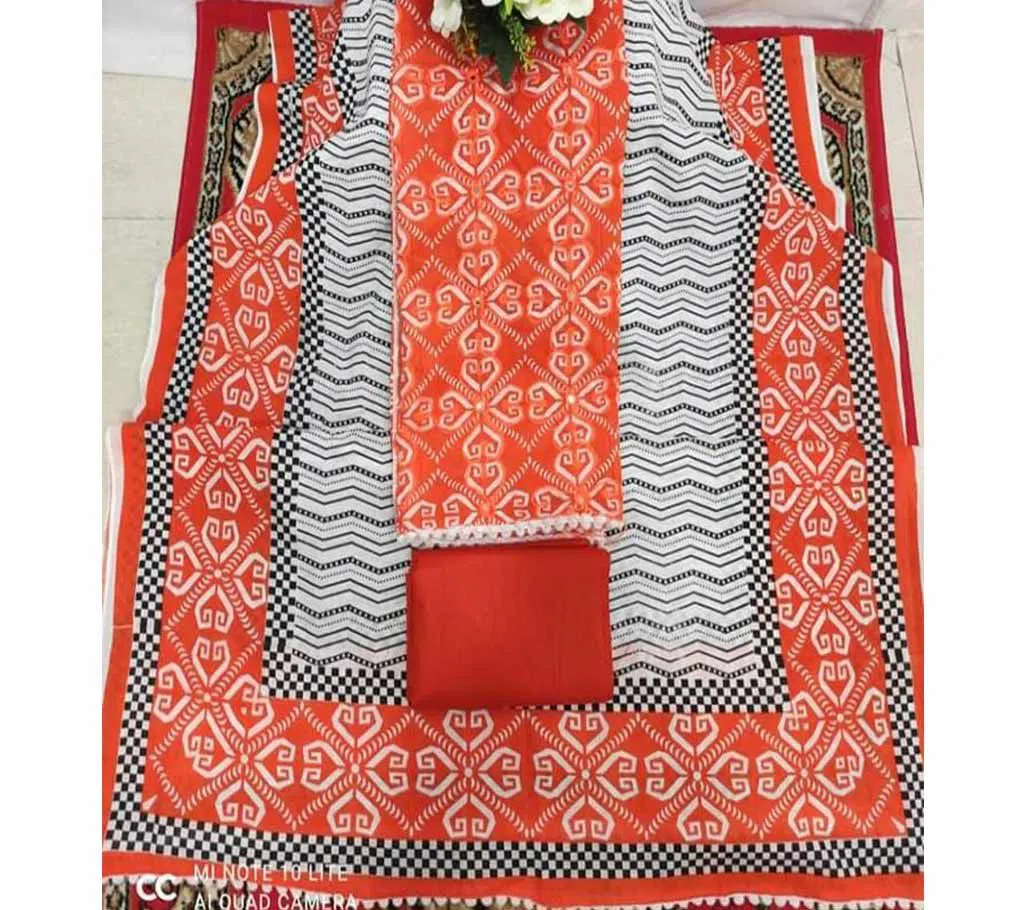 Unstitched Joypuri Cotton Skin Print ( Dollar) Shalwar Kameez /Three Piece For Women - Orange & Ash Color