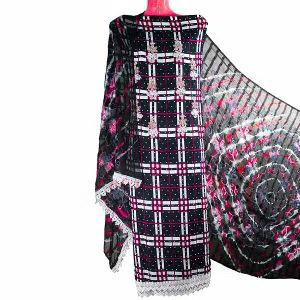 Unstitched Stone & Embroidery work Cotton Salwar Kameez Pink & Black Color