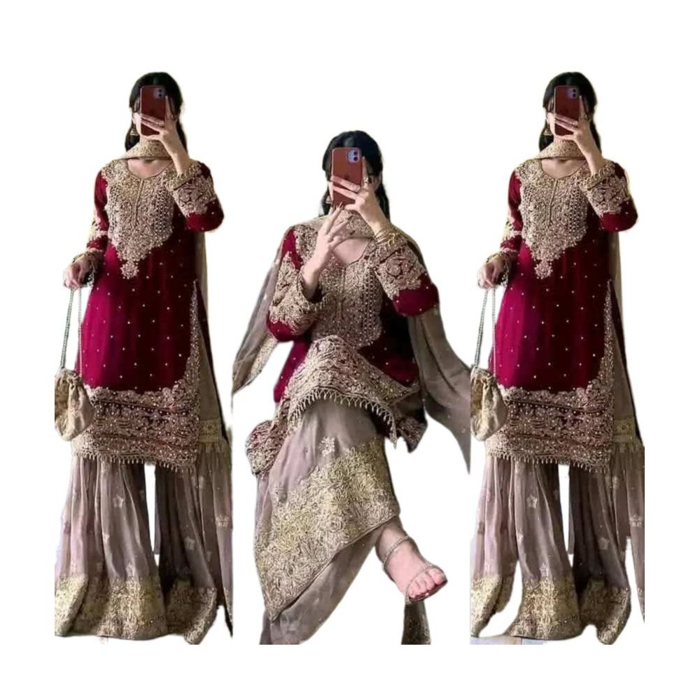 High Quality Embroidery New Stylish Readymade Party Sharara Suit Dress for Women