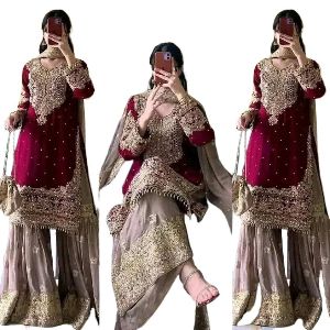 High Quality Embroidery New Stylish Readymade Party Sharara Suit Dress for Women