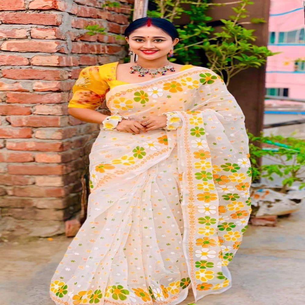 Half Silk Screen Printed Saree - White 