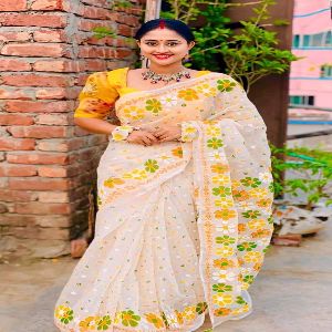 Half Silk Screen Printed Saree - White 