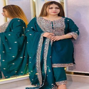Linen Embroidery with Sequence Work Readymade Three Piece for Women