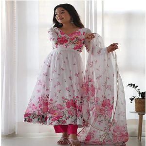 Rose Gown Readymade Chandi Cotton Three Piece for Women